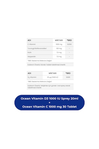 Ocean Vitamin D3 1000 Iu Sprey 20ml + Ocean Vitamin C 1000 Mg 30 Tablet
