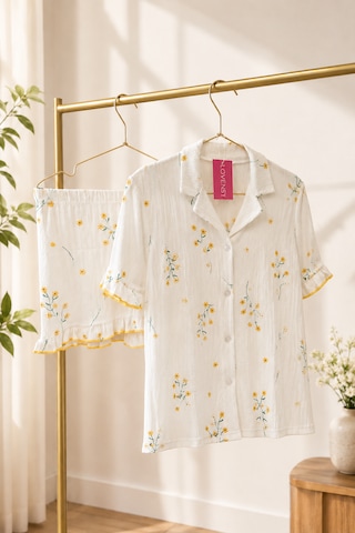 Lovensy Ekru Çiçek Desen Pijama Şortlu Takım Beyaz - Ekru