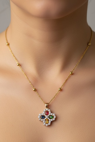 Altın Renk Mix Taşlı Yonca Model Top Zincir Çelik Kolye - 3683 Çok Renkli