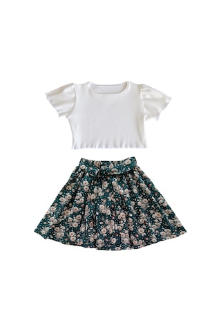 Çocuk Etekli Takım, Papatya Desenli Etek - Ekru Fitilli Crop Ekru-papatya Ekru - Yeşil