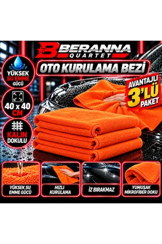 Microfiber Oto Kurulama Bezi 40x40 400 Gsm Kalın Dokulu Turuncu 3 Lü Paket