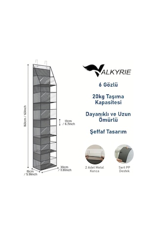 Valkyrie Kapı Arkası Organizer 6 Gözlü Askılı Dolap Düzenleyici Çok Amaçlı Kapı Arkası Raf Gri Gri