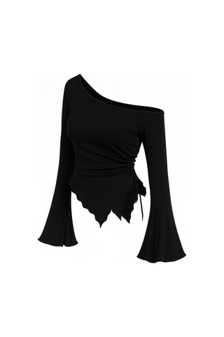 Meren Like Your Style Siyah Uzun Kollu Asimetrik Yaka Drapeli Yan Bağlamalı Bahar Sonbahar Bluz Üst Siyah
