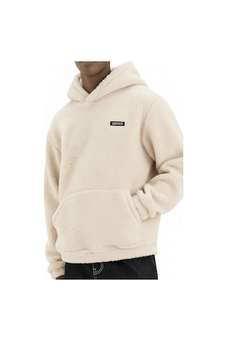 Genius Store Genıus Store Erkek Kapüşonlu Polar Sherpa Kuzu Kumaş İçi Şardonlu Kapüşonlu Sweatshırt Sherpa-kap Ekru