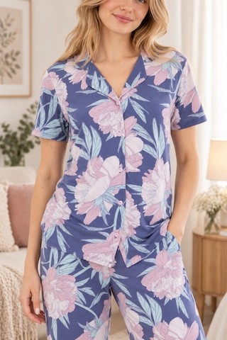 Lılac Kadın %100 Viskon Çiçek Desenli Gömlek Yaka Mor Pijama Takımı Mor - Pembe Mor - Pembe