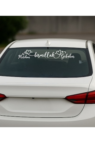 Kişiye Özel Aile Çift Arka Cam Yazısı Bismillah Ve İsimli Dekorlu Sticker Oto Kamyon 10x50 Cm