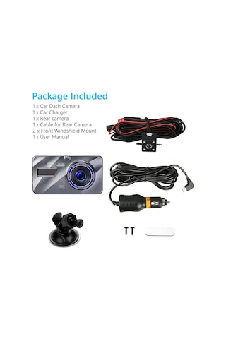 Wezone Araç İçi Dvr Kaydedici, Ön-arka İki Kamera, 1080p Full Hd, Gece Görüşü, 4" Ips Ekran, Otomatik Kayıt, Park Monitörü