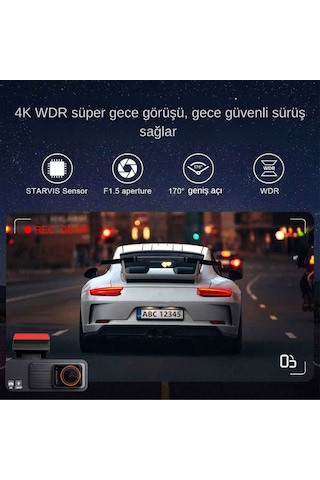 170 Ultra Geniş Açı 4k Uhd Wi-fi Ön Ve Arka Araç Kamerası G-sensörlü Gece Görüşlü Dikiz Aynası Kamera Park Modu, Gps Destekli 2025 + Hafıza Kartı Hediyeli