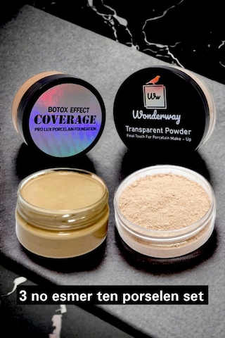 Wonderway Yoğun Kapatıcı Porselen Fondöten & Transparan Pudra Set 03 Esmer Ten Sünger ve Göz Kalemi