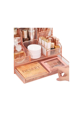 Temel Rose Gold Metal Mesh Masaüstü Organizer Çekmeceli Çok Bölmeli 25x17x16 Cm 9527r