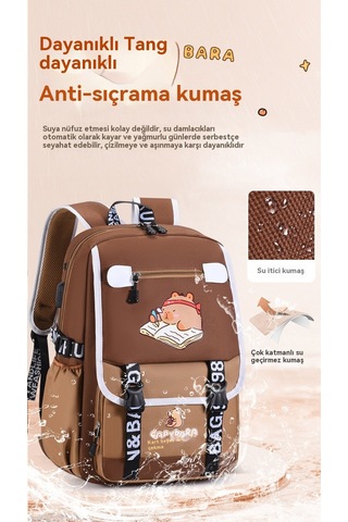 Dokuz Izgaralı Kapibara Okul Çantası Büyük Kapasiteli Öğrenci Okul Çantası Kahverengi