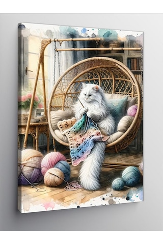 Kanvas Tablo Örgü Yapan Beyaz Kedi Ve İplikler 70cmx100cm