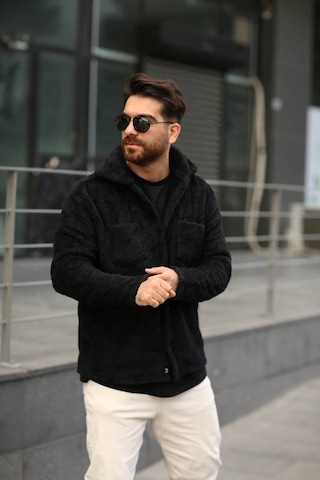 Sr Tekstil Pelüş Ceket Unisex Normal Kalıp Cep Detaylı Siyah