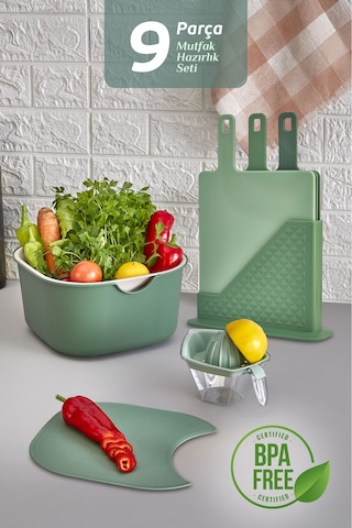 9'lu Mutfak Hazırlık Seti - Standlı Kulplu Kesme Tahtası Karıştırma Kabı Kase Süzgeç Limon Sıkacağı Yeşil