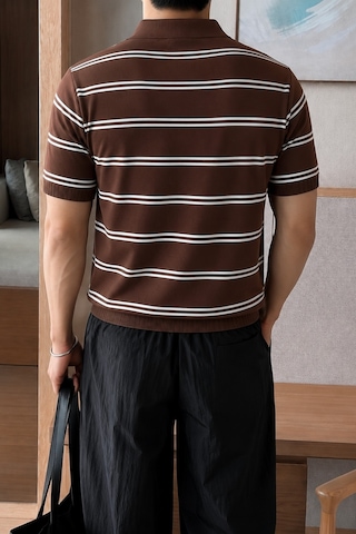 Tarz Cool Erkek Çizgili Polo Yaka Viskon Triko Tişört Slim Fit Yazlık Şık Triko Polo Kahverengi