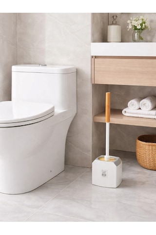 Ahşap Saplı Köşeli Tuvalet Fırçası Ve Standı Modern, Açık Hazneli Wc Fırçası Vıchy-7044 Gümüş