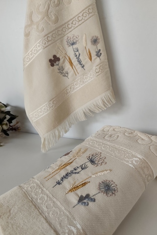 2'li Nakışlı Jakarlı Kadife El Yüz Havlusu - %100 Pamuk - Kapuçino Cappuccıno Cappuccino