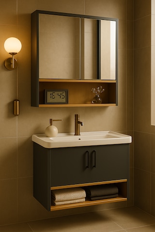 Legna 80 Cm Antrasit&ahşap Banyo Dolabı Takımı Alt Ve Üst Dolap