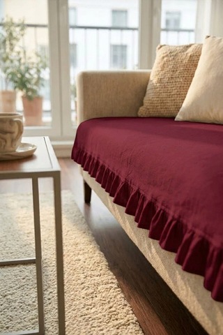 Keten Pamuk Koltuk Örtüsü Fırfırlı Bordo 90x200 Cm Şık Ve Doğal Görünüm