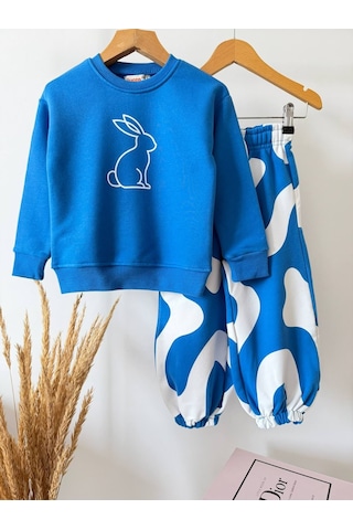 Tavşan Baskılı Mavi Sweatshirt Desenli Eşofman Kız & Erkek Çocuk 3ip Alt Üst Takım