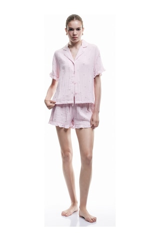 Koton Pamuklu Kısa Kollu Gömlek Yaka Çiçek İşleme Detaylı Pijama Üstü Pembe Desenli 5slk50019mw Pembe Desenli