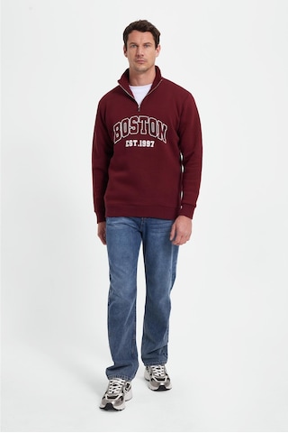 Tudors Erkek Relax Fit Rahat Kesim Pamuklu Yarım Fermuarlı Baskılı Bordo Sweatshirt-42314 Bordo