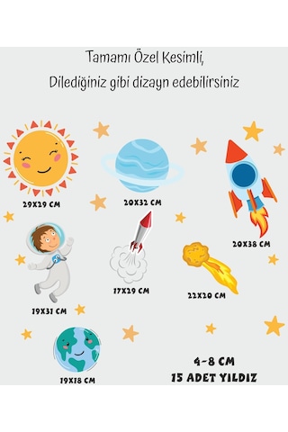 MSticker Sevimli Astronot, Uzay Mekiği, Güneş, Yıldızlar Gezegen Sticker Seti Çocuk Bebek Odası