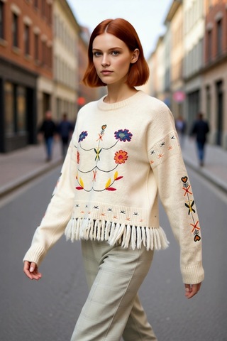 Ersefa Fashion Forward Kadın Nakışlı Düşük Kollu Bisiklet Yaka Super Cro Ekru
