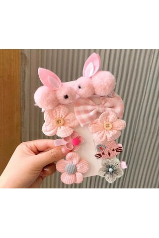 Batu Kız Bebek Ve Çocuk Tavşan Figürlü Toka Seti Pembe