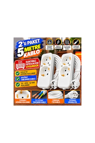 5 Metre 2'li Topraklı Uzatma Priz 16a 3x1,5 Mm² Tam Bakır Ttr Kablo Elektrikli Soba Isıtıcı Ev Ofis Uzatma Kablosu Beyaz - 939005279 4 - 5 M