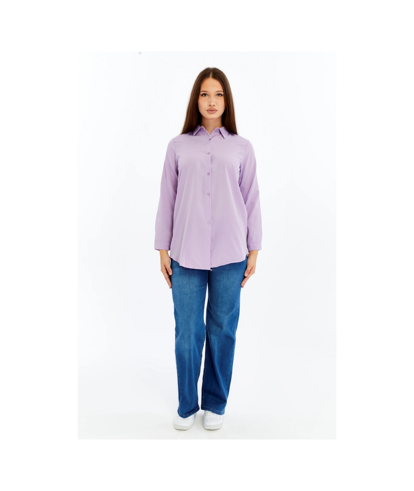 Kadın Uzun Kollu Düğmeli Basic Gömlek Mor Rahat Kalıp Günlük & Ofis Şıklığı Mor