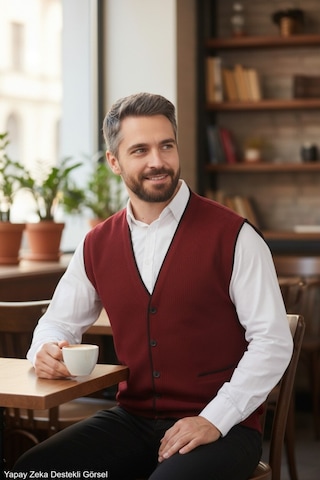 Kamalı Bordo Erkek V Yaka Triko Düğmeli Cepli Çizgi Desenli Regular Fit Tüylenmeyen Örgü Yelek Bordo