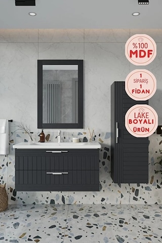Erguvan Gümüş Kulp Antrasit 100 Cm %100 Mdf Lavabolu Banyo Dolabı Ayna Lavabo Boy Dolabı Antrasit