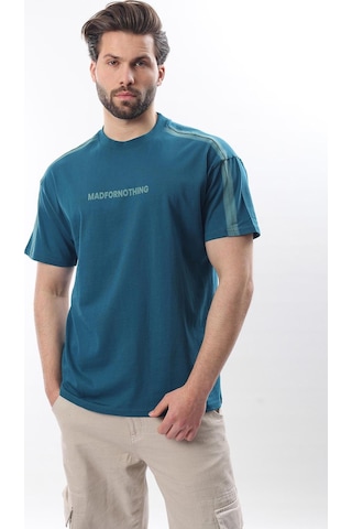 Madmext Petrol Mavisi Bisiklet Yaka Baskılı Erkek T-shirt E7110 Petrol Mavisi
