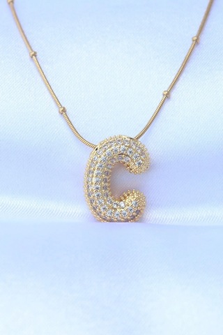 Mrs Flower Çelik Zincirli Zirkon Taşlı C Harfli Gold Renk Bubble Kolye Çok Renkli