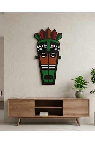 Afrika Tribal Ahşap Duvar Mask Mdf - Siyah Yeşil Kırmızı Klasik Kabile Maskı 1