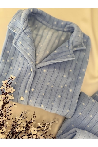 Mh Moony Homewears Ron Mavi Üzerine Yıldız Polar Yumuşacık Termal Pijama Takımı Mavi