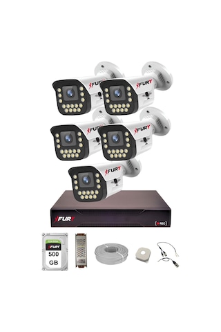 Fury 5 Li Sesli 15 Warm Led Gece Renkli Görüş Su Geçirmez Güvenlik Kamerası Seti 500gb