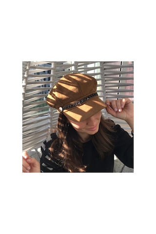 Monkeysstore Kahve Zincir Detaylı Kaşe Kaptan Şapka Kahverengi