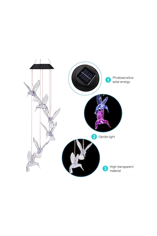 Qingmipy Güneş Enerjili Renk Değiştiren Led Bahçe Rüzgar Çanı - Kuş Figürlü Dekoratif Aydınlatma Şeffaf