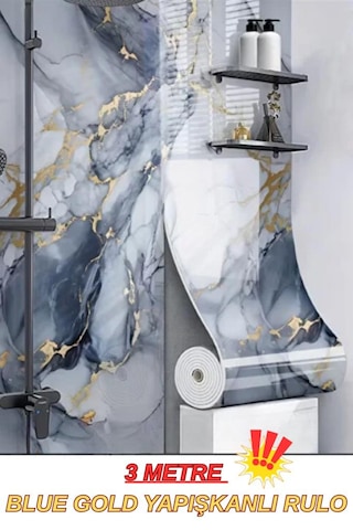 60cm X 3 Metre Tek Parça Yapışkanlı Mavi Gold Mermer Desenli Duvar Paneli Kağıdı Silinebilir Tx-6969 Altın - Turkuaz