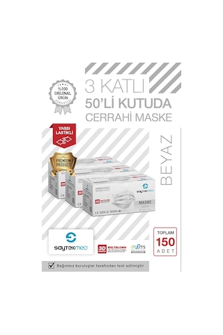 Saytekmed Meltblown Filtreli, Yassı İpli, 3 Katlı Beyaz Maske (3 Kutu/150 Adet)