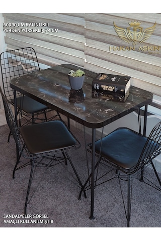 By Hakan Aşkın Siyah Metal Ayaklı 60x90 Cm Kalınlıklı Tek Masa Black Marblemutfak - Balkon - Çalışma Masası Black Marble / Siyah Mermer