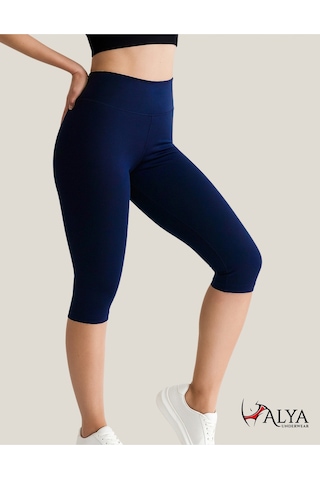 Diz Altı Kapri Tayt Yüksek Bel Likralı Parlak Dalgıç Kumaş, Antrasit Füme Lacivert