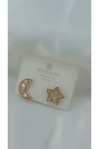 Kadın Ay Yıldız Model Küpe Gold Renk Gold