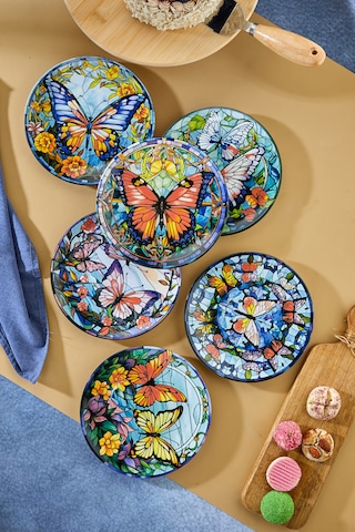 Lüks Kelebek Desenli 6'lı Pasta Ve Tatlı Tabağı 20 Cm - Sunumluk Pasta Ve Tatlı Tabakları Çok Renkli