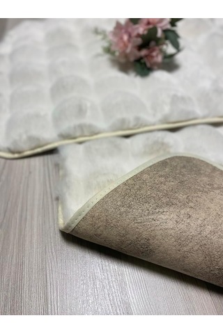 Bubble Tavşan Tüyü, Kaymaz Taban, Pofuduk, Ultra Lüks, Yıkanabilir 2'li Banyo Paspası Ekru Çok Renkli