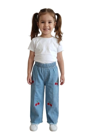 Erdem Kıds Kız Çocuk Pamuklu Beli Lastikli Jean Pantolon Günlük Rahat Kalıp Geniş Bol Paça Kot Pantolon Mavi Mavi