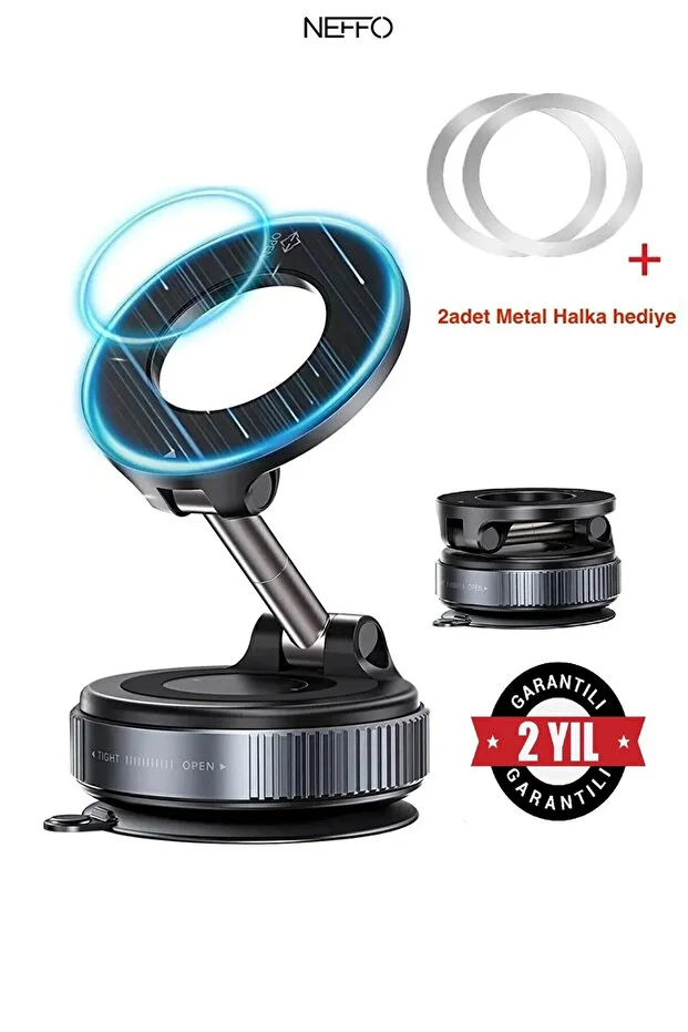 Araç İçi /her Yerde Kullanılabilen Magsafe Kilitli Vakum Telefon Tutucu 360 + 2adet Metal Halka Siyah