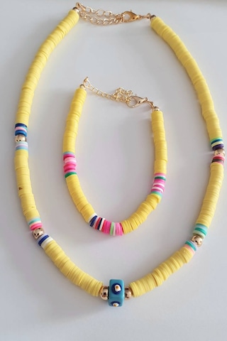 Fimo Soft Nazar Boncuklu Kolye ve Bileklik Seti  Sarı Altın
